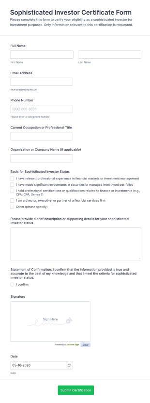 Sophisticated Investor Certificate Form Template