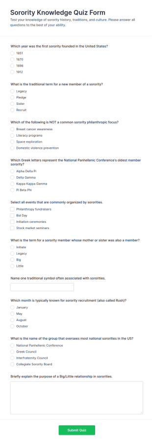 Sorority Knowledge Quiz Form Template