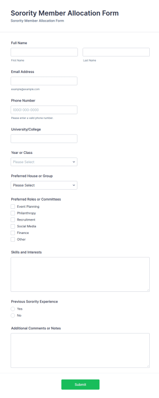 Sorority Member Allocation Form Template