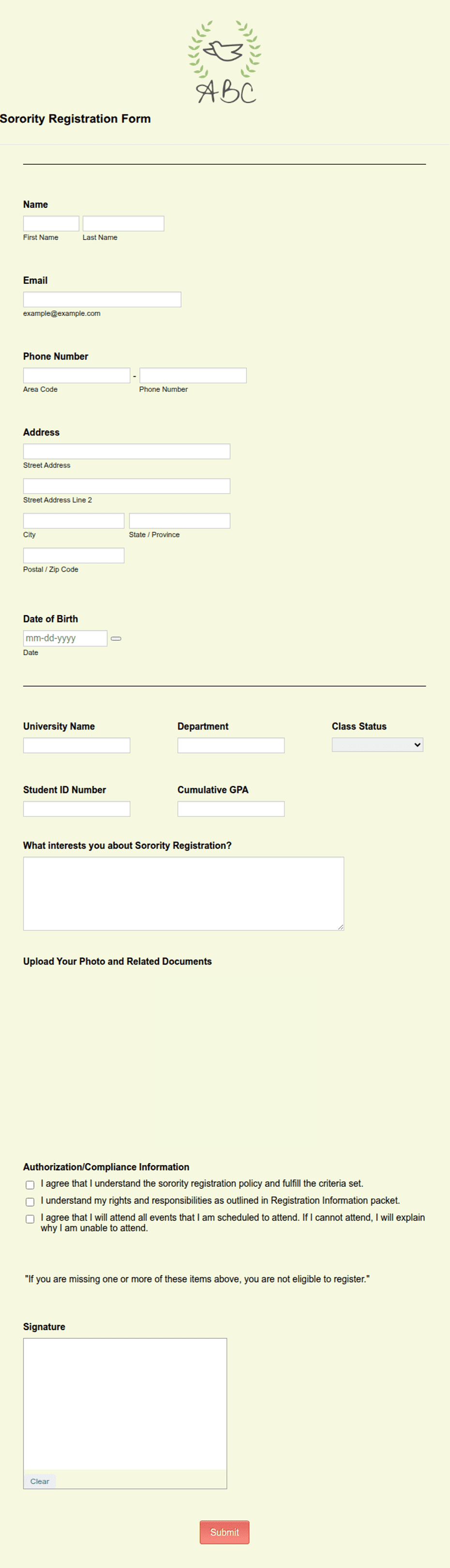 Sorority Registration Form Template Jotform