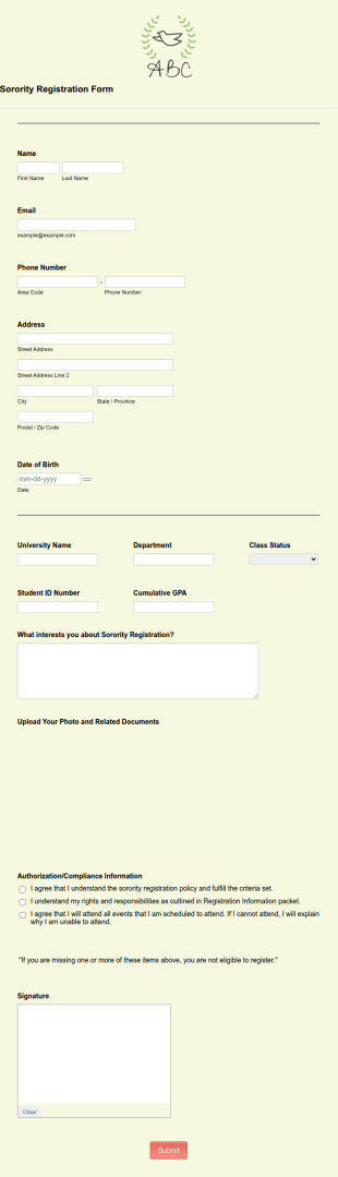 Sorority Registration Form Template