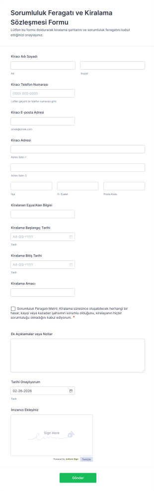 Sorumluluk Feragatı Ve Kiralama Sözleşmesi Form Şablonu