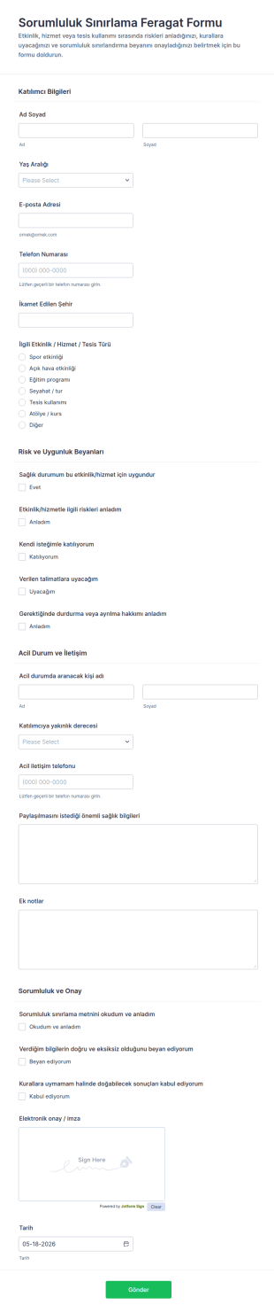 Sorumluluk Sınırlama Form Şablonu