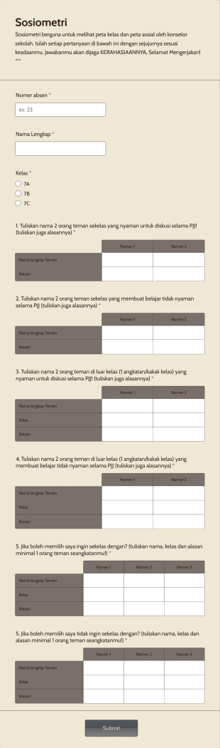Sosiometri Kelas 7 Form Template