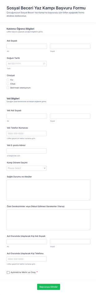 Sosyal Beceri Yaz Kampı Başvuru Form Template