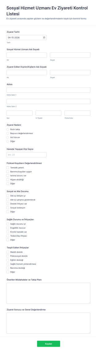 Sosyal Hizmet Görev Ziyaret Kontrol Listesi Form Şablonu
