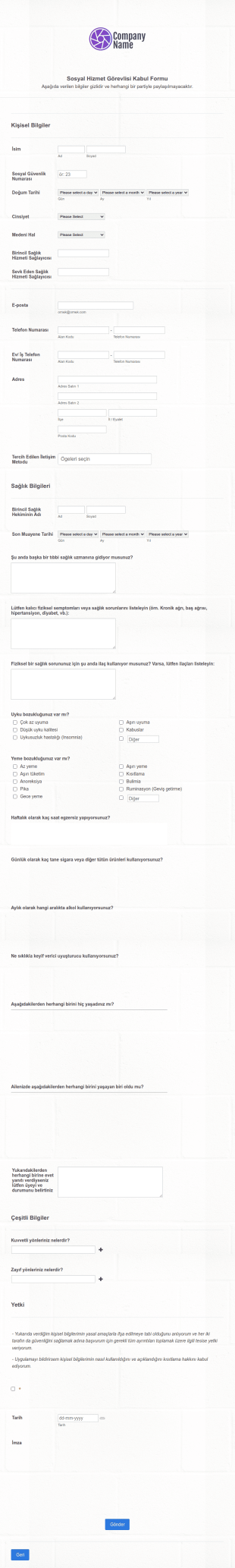 Sosyal Hizmet Görevlisi Kabul Form Şablonu