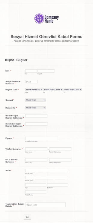 Sosyal Hizmet Görevlisi Kabul Form Template