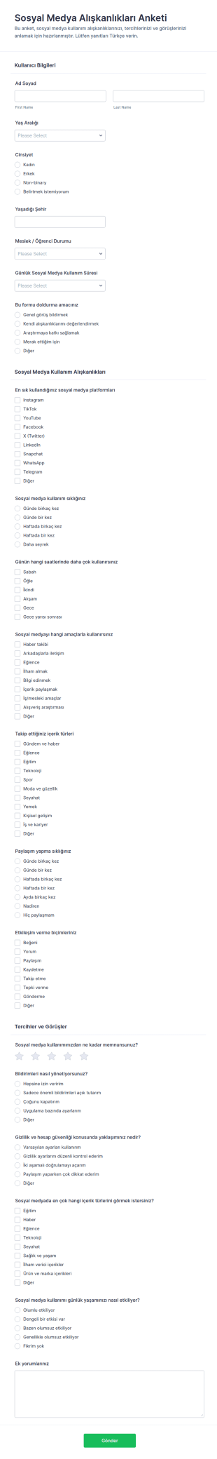 Sosyal Medya Alışkanlıkları Anketi Form Şablonu