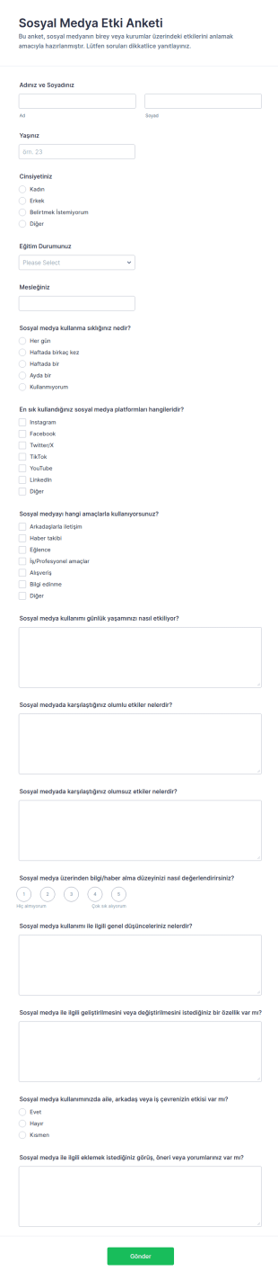 Sosyal Medya Etki Anketi Form Şablonu