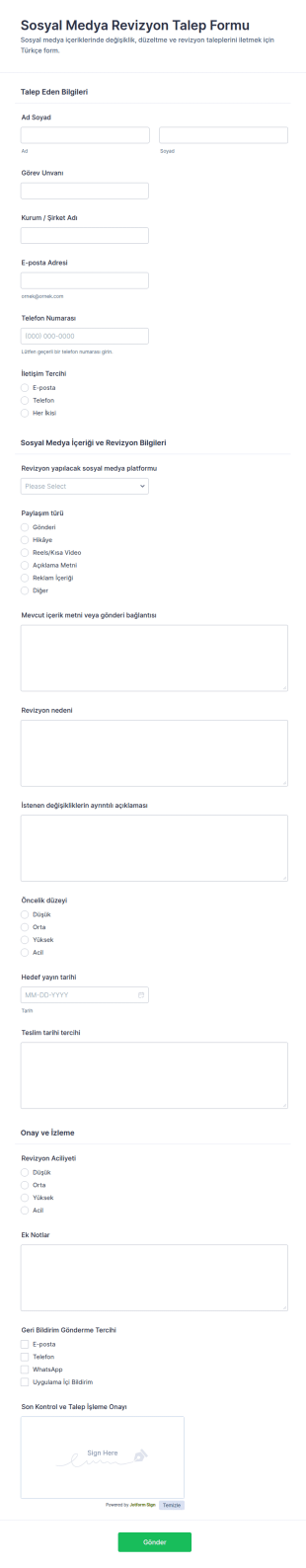 Sosyal Medya Güncelleme Talebi Form Şablonu