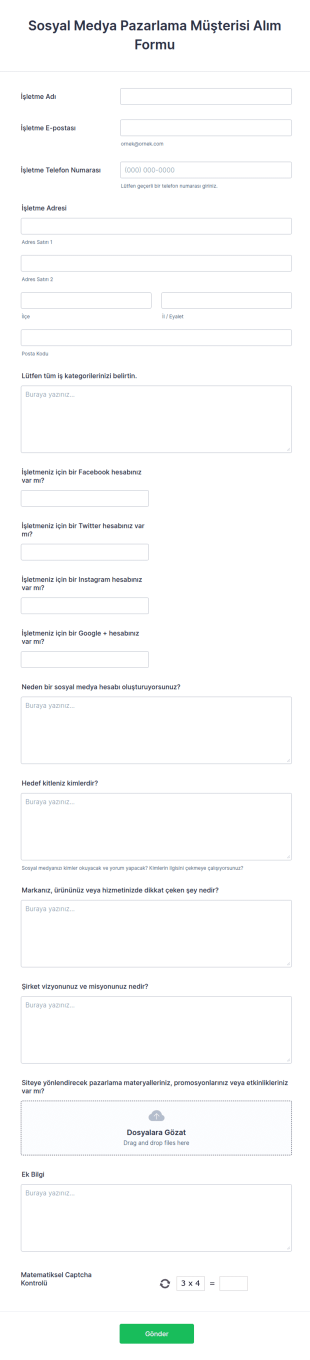 Sosyal Medya Pazarlama Müşterisi Alım Form Şablonu