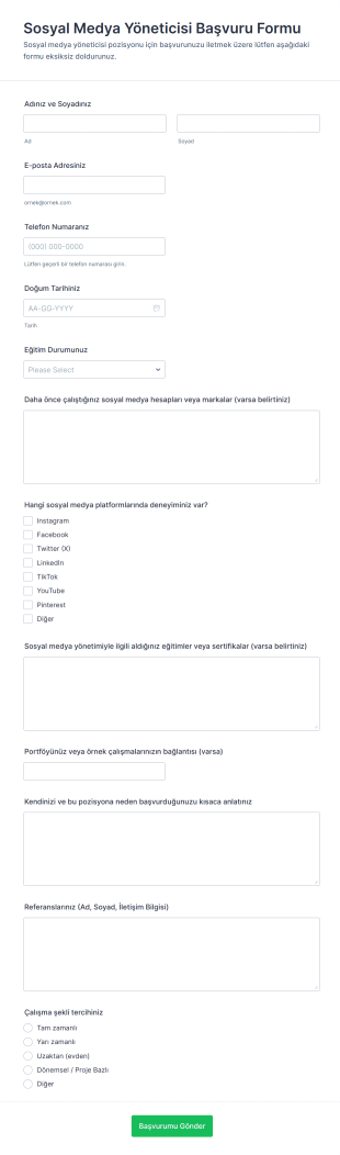 Sosyal Medya Yöneticisi Başvuru Form Şablonu