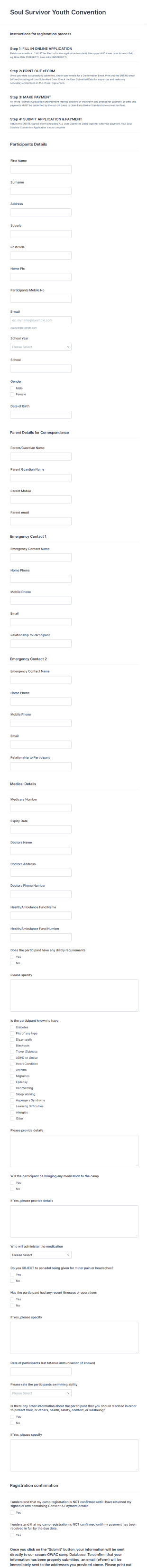 Camp Participant Registration Form Template