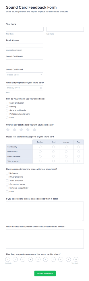 Sound Card Feedback Form Template