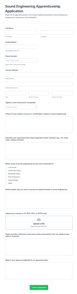 Sound Engineering Apprenticeship Application Form Template