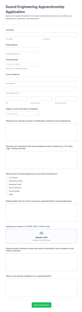 Sound Engineering Apprenticeship Application Form Template