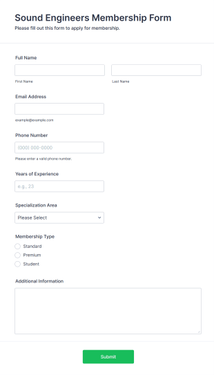 Sound Engineers Membership Form Template