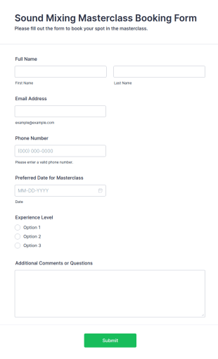 Sound Mixing Masterclass Booking Form Template