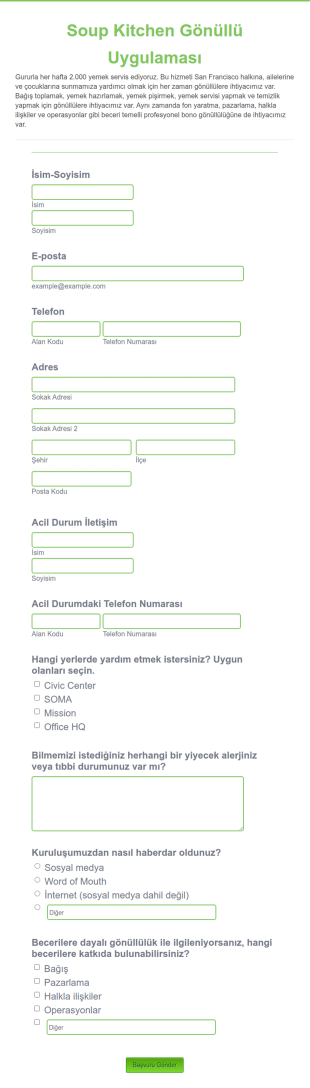 Soup Kitchen Gönüllü Uygulaması Form Şablonu