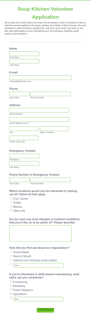 Soup Kitchen Volunteer Application Form Template