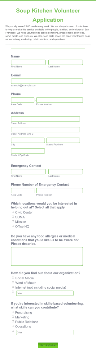 Soup Kitchen Volunteer Application Form Template