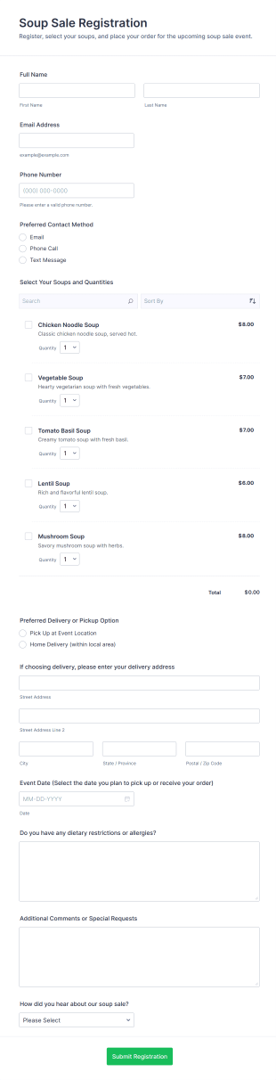 Soup Sale Registration Form Template
