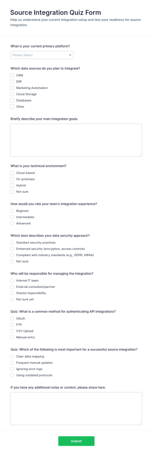 Source Integration Quiz Form Template