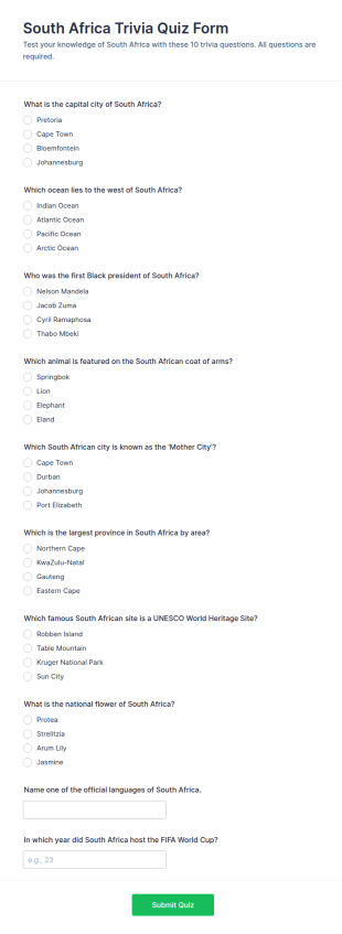South Africa Trivia Quiz Form Template