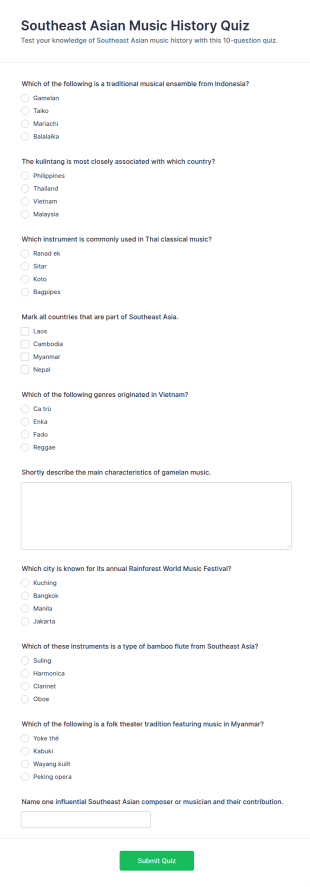 Southeast Asian Music History Quiz Form Template