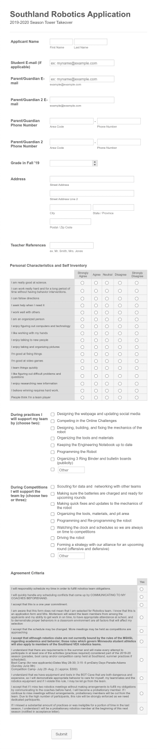 Southland Robotics Application 2019 2020 Tower Takeover Form Template