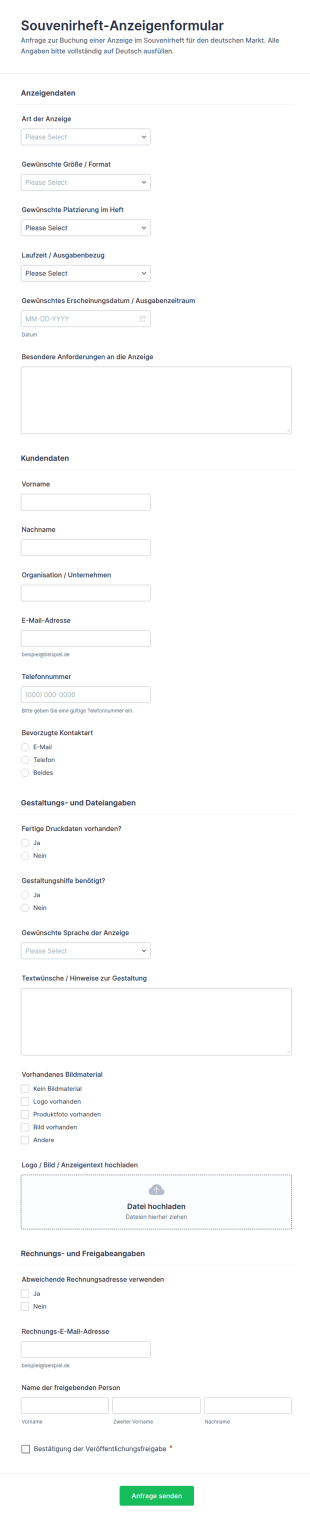 Souvenir Broschüren Werbeformular