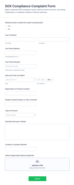 SOX Compliance Complaint Form Template