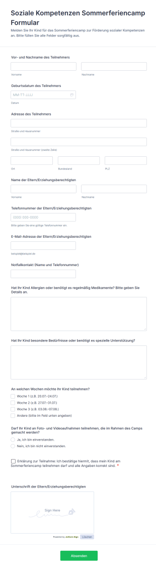 Soziale Kompetenzen Sommerferiencamp Formular