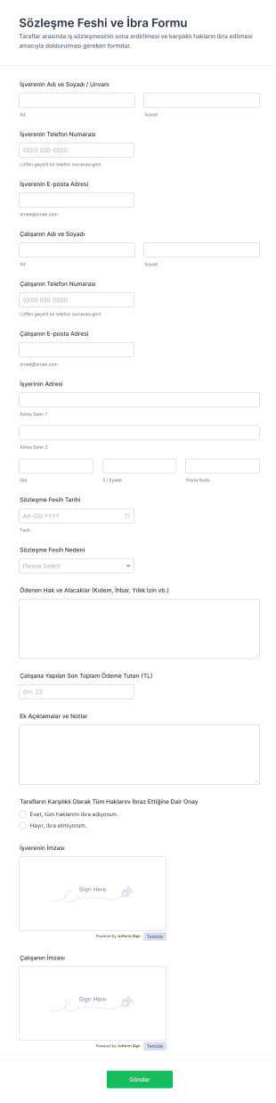 Sözleşme Feshi Ve İbra Form Şablonu
