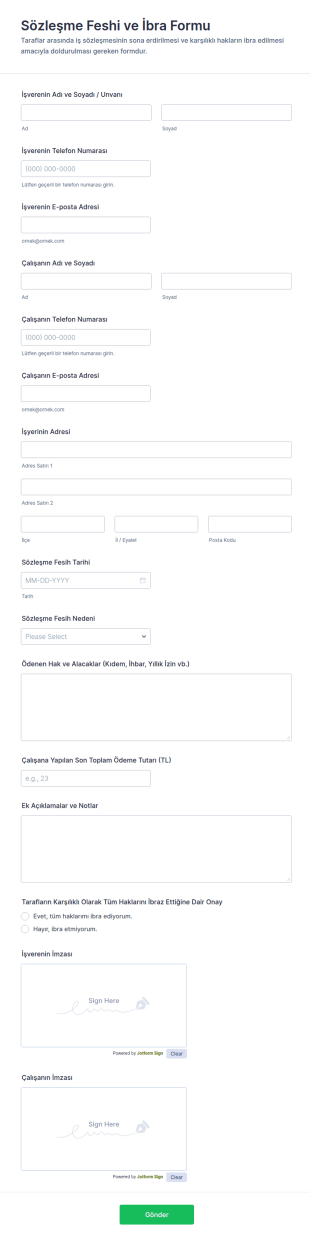 Sözleşme Feshi Ve İbra Form Şablonu
