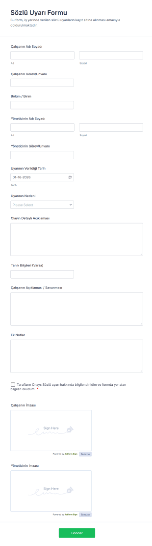Sözlü Uyarı Form Template