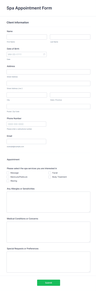 Spa Appointment Form Template
