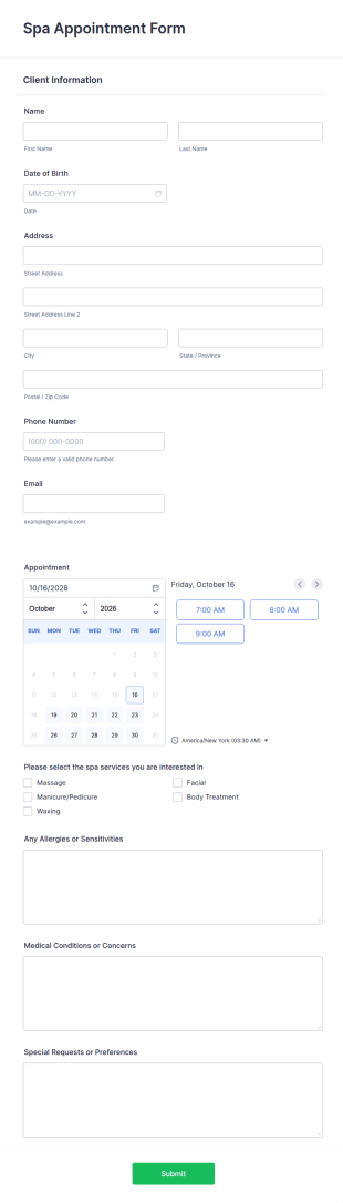 Spa Appointment Form Template