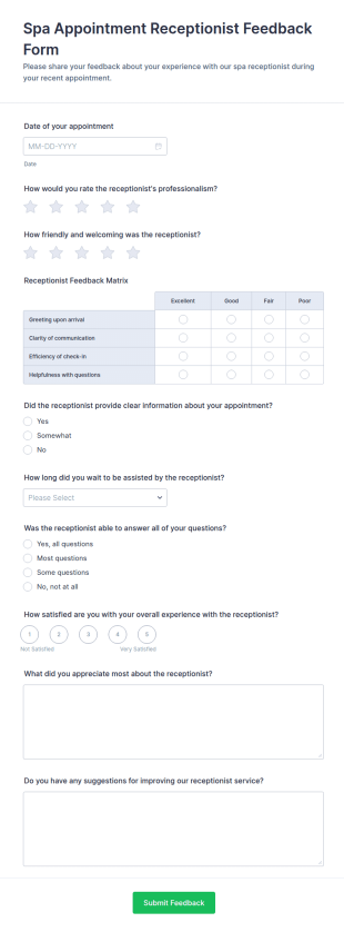 Spa Appointment Receptionist Feedback Form Template
