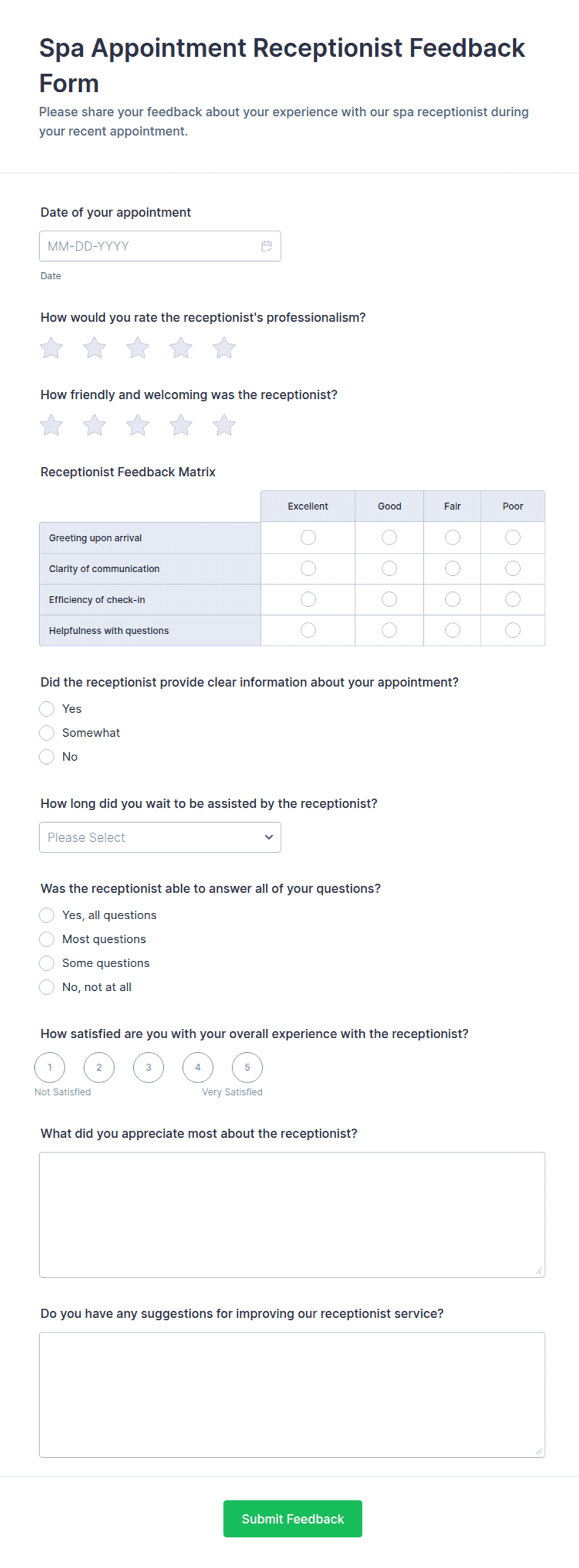 Spa Appointment Receptionist Feedback Form Template | Jotform
