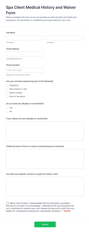 Spa Client Medical History And Waiver Form Template