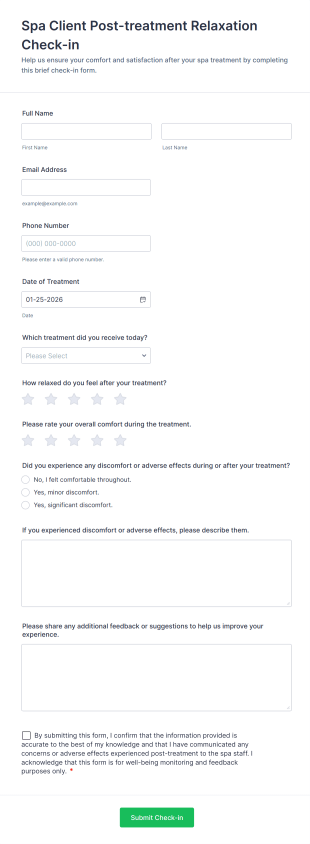 Spa Client Post Treatment Relaxation Check In Form Template