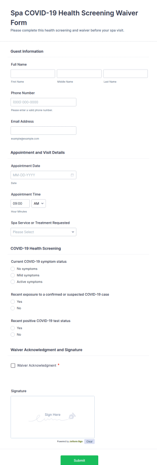 Spa COVID 19 Health Screening Waiver Form Template