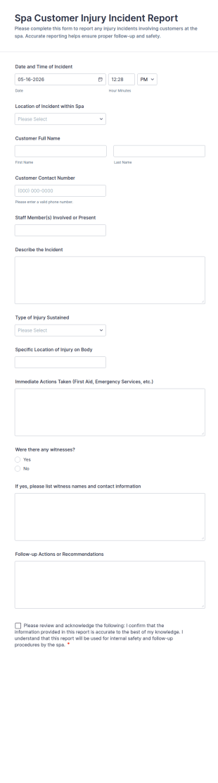 Spa Customer Injury Incident Report Form Template
