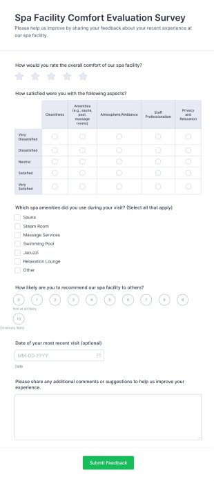 Spa Facility Comfort Evaluation Survey Form Template