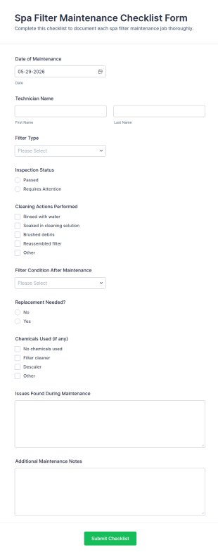 Spa Filter Maintenance Checklist Form Template