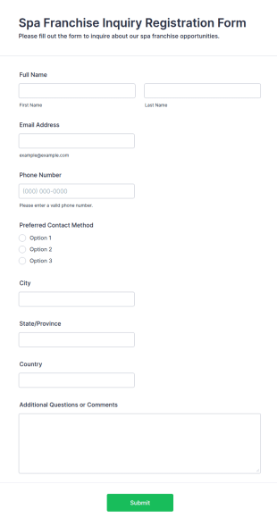 Spa Franchise Inquiry Registration Form Template