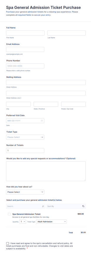 Spa General Admission Ticket Purchase Form Template