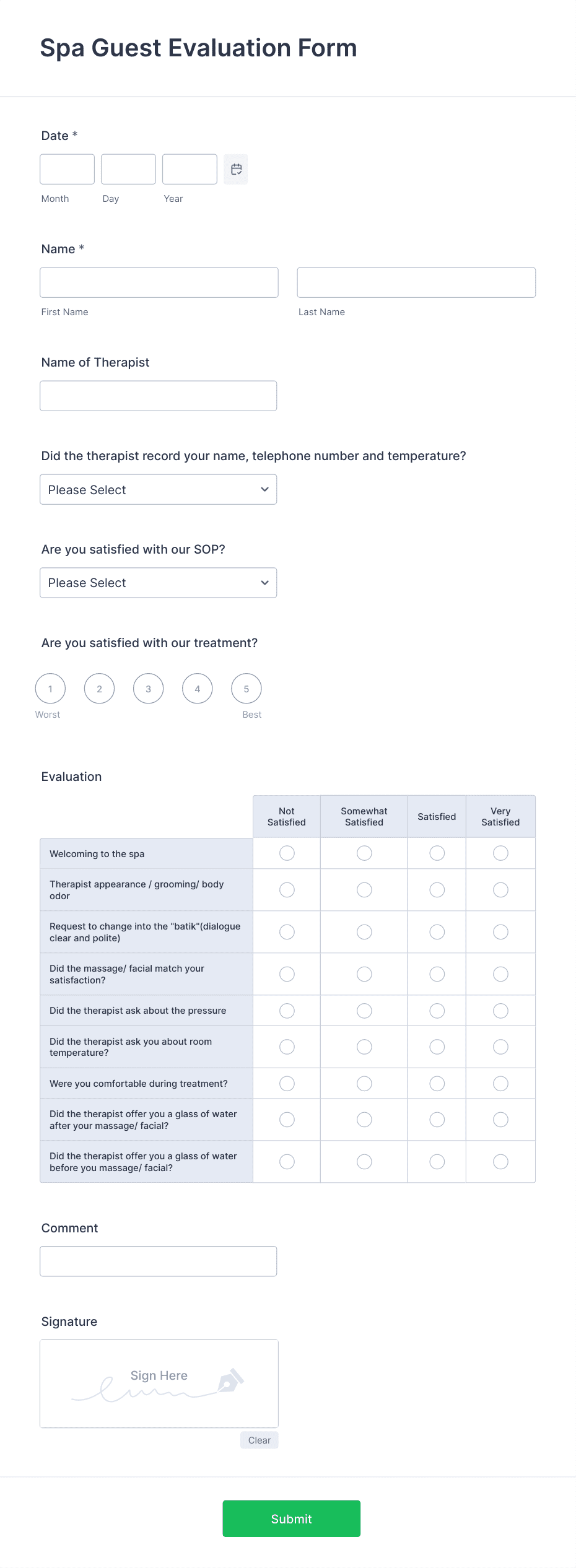 Spa Guest Evaluation Form Template | Jotform